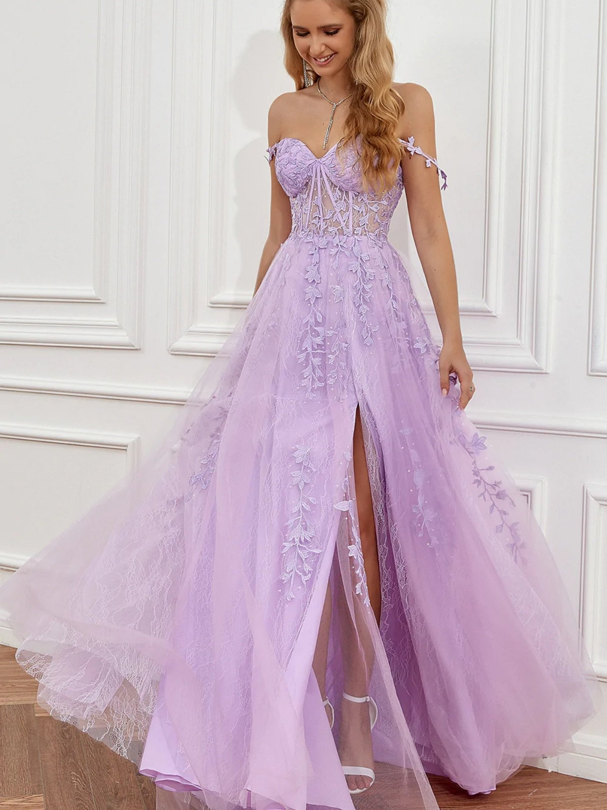 Elegant Off Shoulder Lace Long Prom Dresses with High Slit