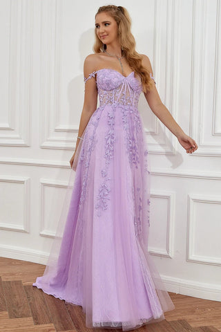 Elegant Off Shoulder Lace Long Prom Dresses with High Slit