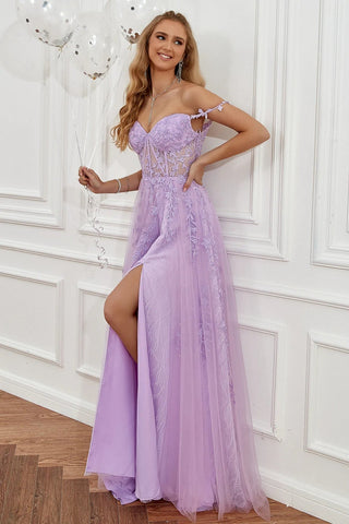 Elegant Off Shoulder Lace Long Prom Dresses with High Slit