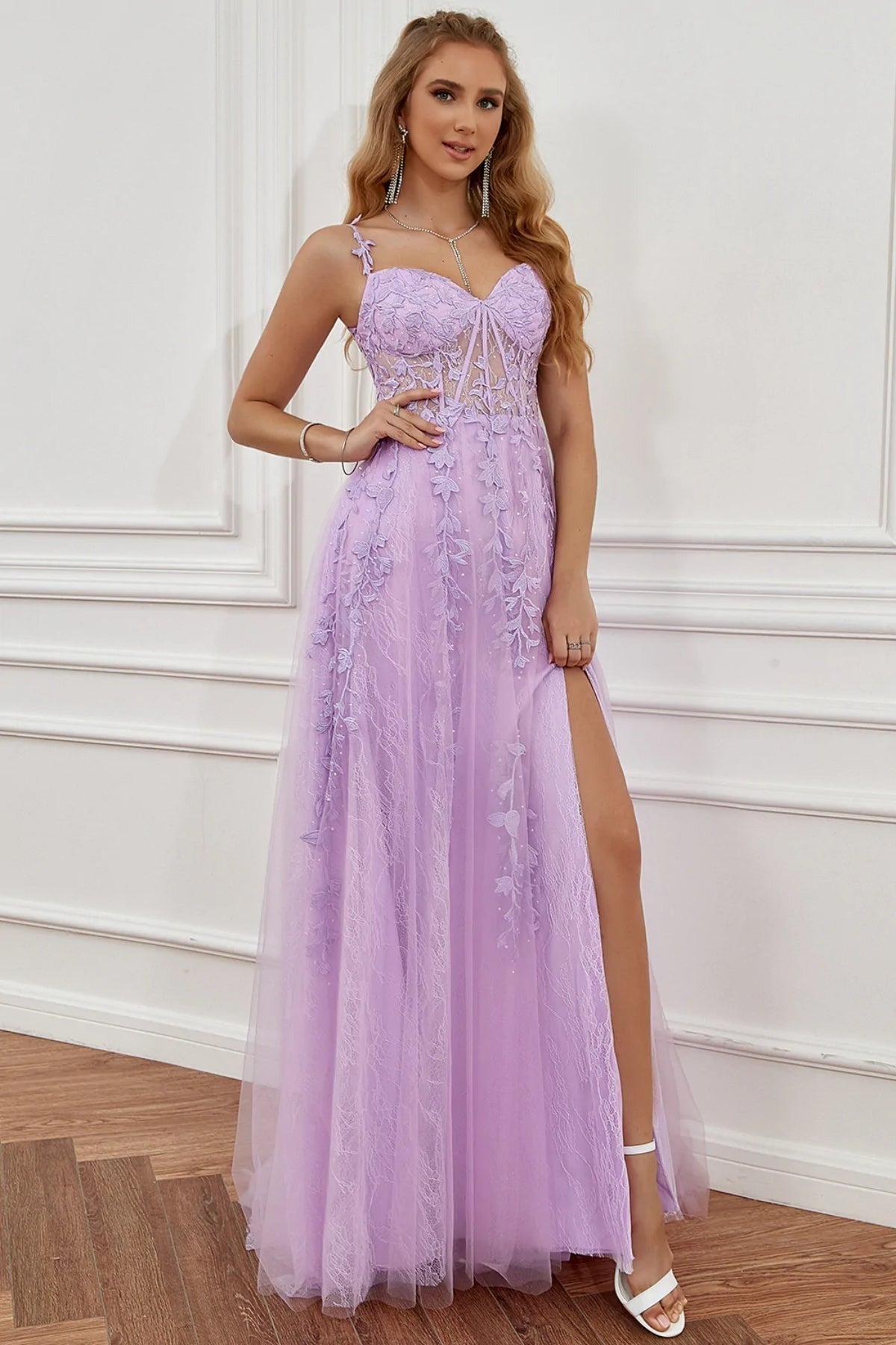 Elegant Off Shoulder Lace Long Prom Dresses with High Slit