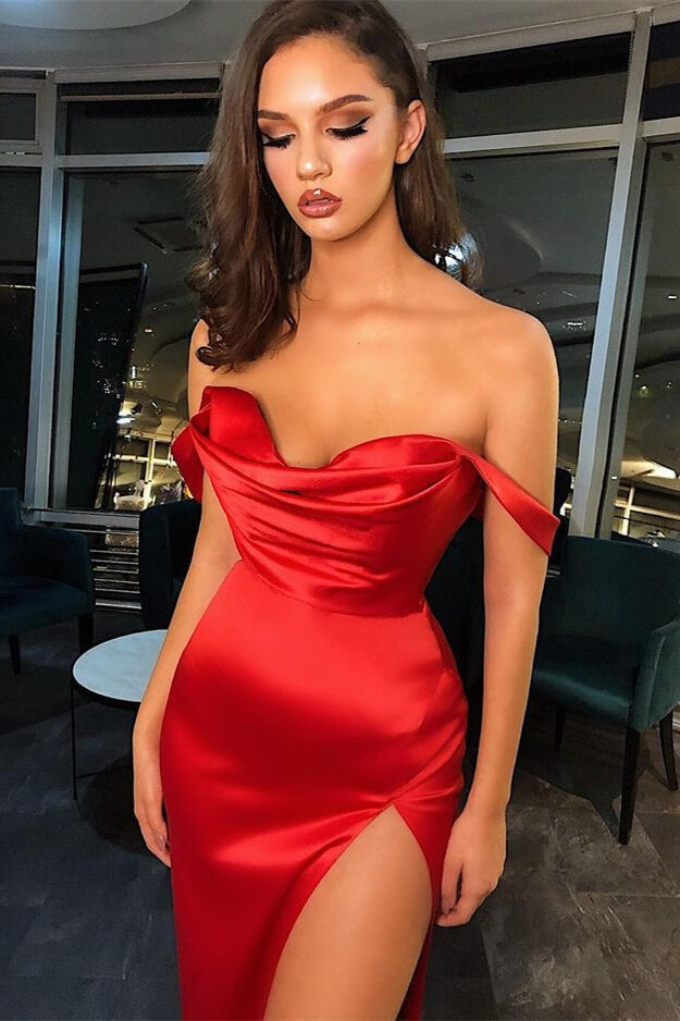 Elegant Off-the-Shoulder Strapless Evening Dress Prom Dress with Pleated Slit