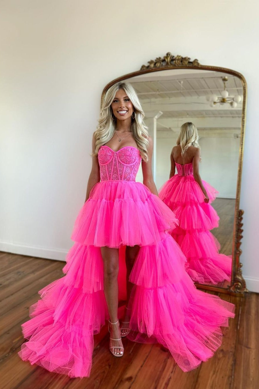 Elegant Rose Prom Dress With  Tulle Train and Sleeveless Gown