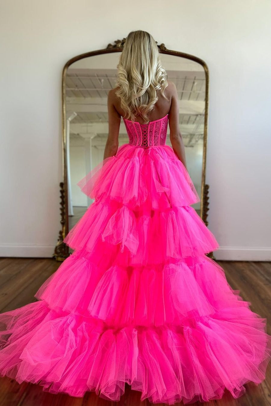 Elegant Rose Prom Dress With  Tulle Train and Sleeveless Gown