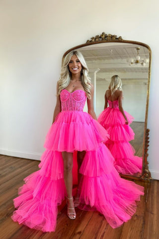 Elegant Rose Prom Dress With  Tulle Train and Sleeveless Gown