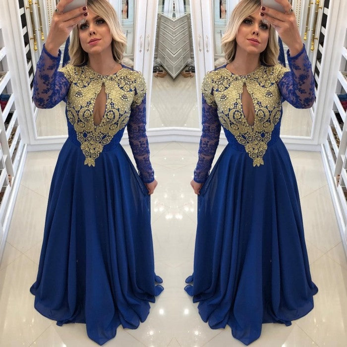 Elegant Long Sleeve Lace Chiffon Evening Dress,Prom Dress