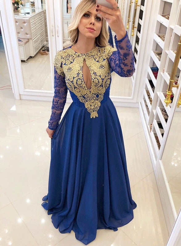 Elegant Long Sleeve Lace Chiffon Evening Dress,Prom Dress