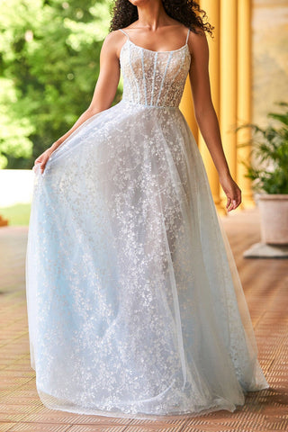Elegant Sleeveless Spaghetti Straps Scoop Floral Lace Prom Dress