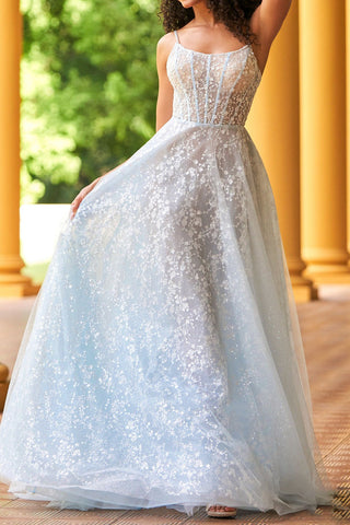 Elegant Sleeveless Spaghetti Straps Scoop Floral Lace Prom Dress
