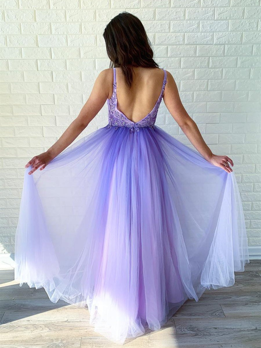 Elegant V Neck Backless Beaded Lace  Long Prom,  Formal Graduation Evening