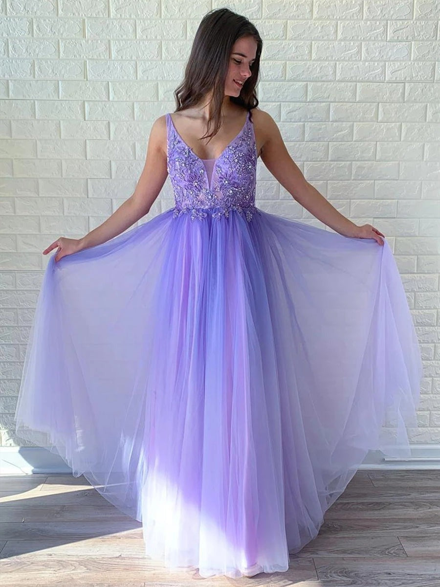 Elegant V Neck Backless Beaded Lace  Long Prom,  Formal Graduation Evening