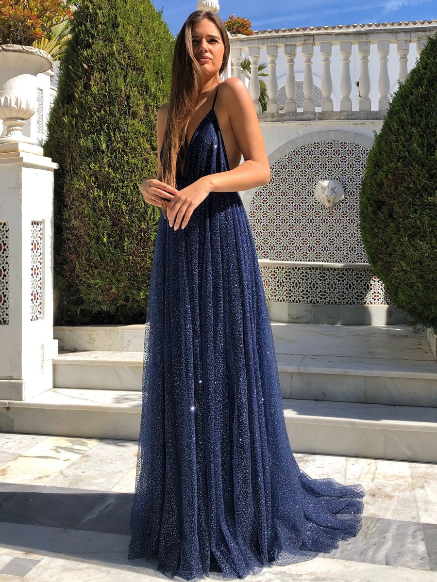 Backless V Neck Long Prom, Formal Evening Dresses