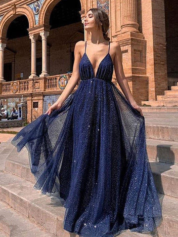 Backless V Neck Long Prom, Formal Evening Dresses
