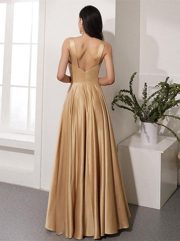 Elegant Open Back V Neck Golden Long Prom with Leg Slit, Formal Graduation Evening, Party