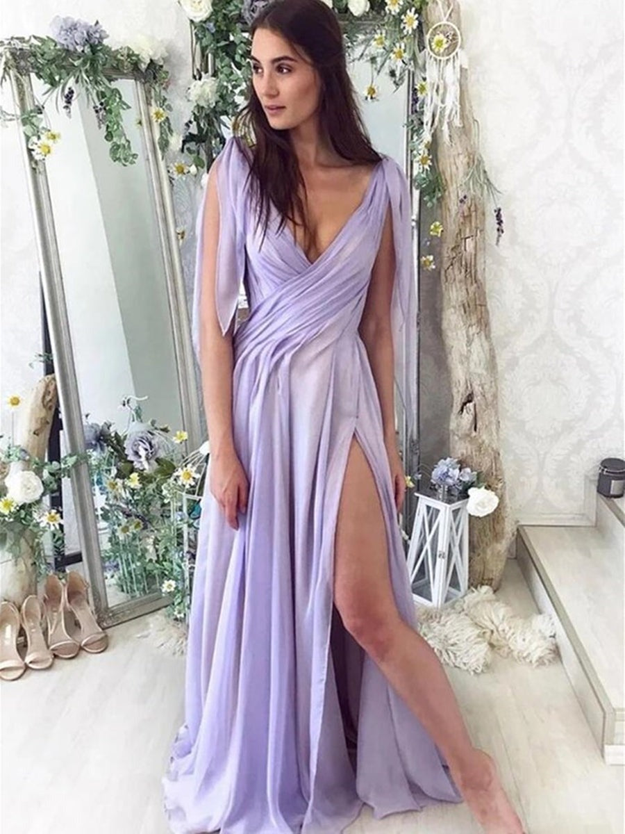 Elegant Long V Neck Purple Chiffon  Prom with High Slit,  Purple Formal Evening Dresses