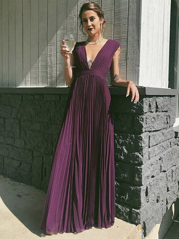 V Neck  Pleated Chiffon Long Prom, Formal Graduation Evening Dresses