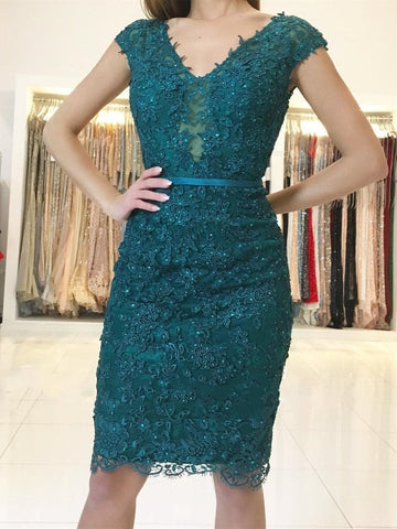 Cap Sleeves Lace Beaded Homecoming Short Prom,  Lace Formal, Evening