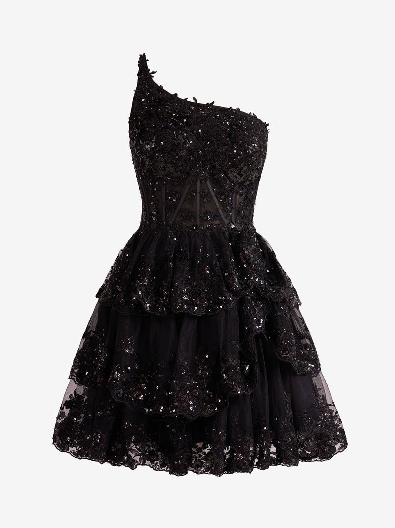 A Line One Shoulder Lace Navy Tiered Short Homecoming Dress