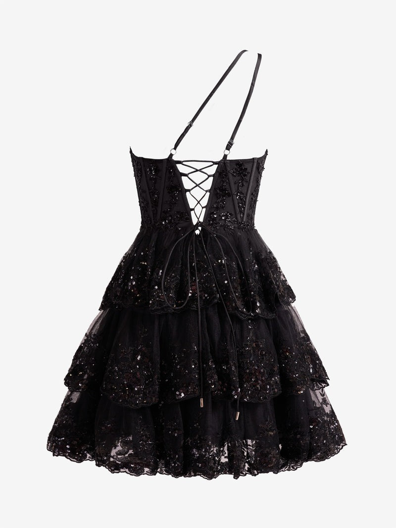 A Line One Shoulder Lace Navy Tiered Short Homecoming Dress