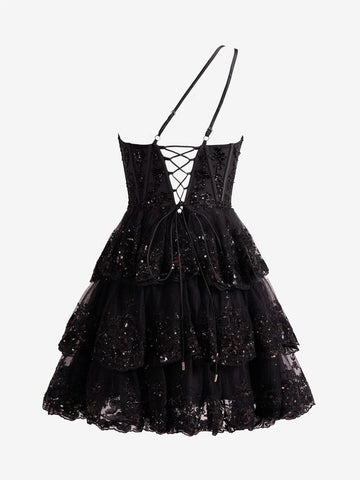 A Line One Shoulder Lace Navy Tiered Short Homecoming Dress