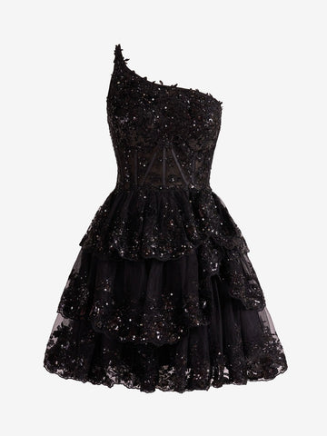A Line One Shoulder Lace Navy Tiered Short Homecoming Dress