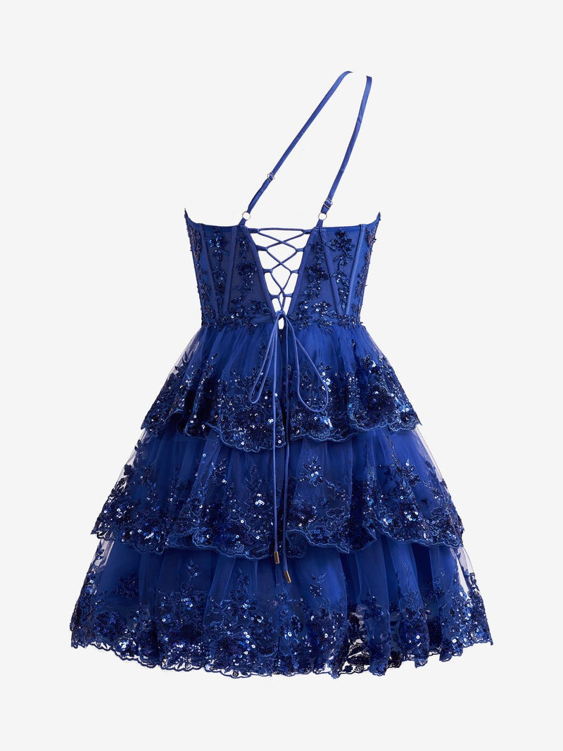 A Line One Shoulder Lace Navy Tiered Short Homecoming Dress