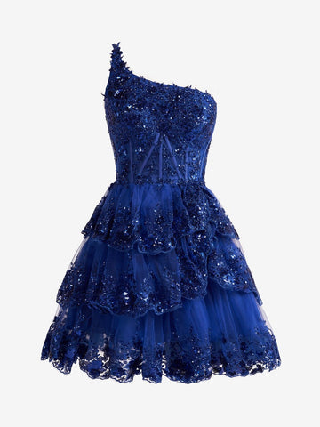 A Line One Shoulder Lace Navy Tiered Short Homecoming Dress