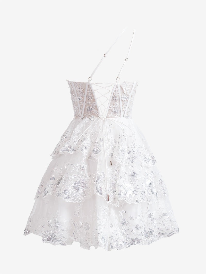 A Line One Shoulder Lace Navy Tiered Short Homecoming Dress