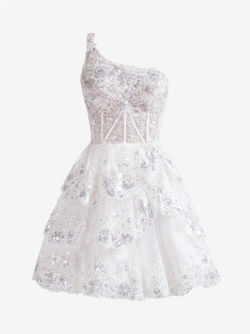 A Line One Shoulder Lace Navy Tiered Short Homecoming Dress