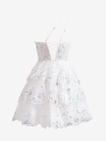 A Line One Shoulder Lace Navy Tiered Short Homecoming Dress