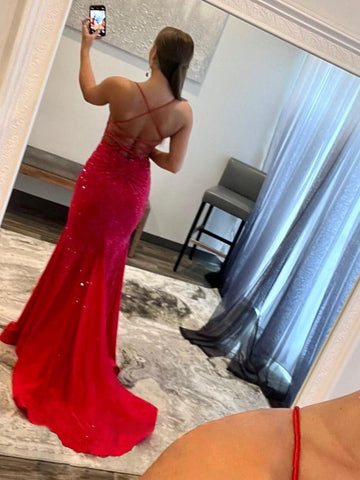 Red V  Neck Mermaid  Glitter Satin Prom Dress