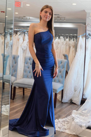 Simple One Shoulder Mermaid Navy Blue Satin Long Prom Dresses
