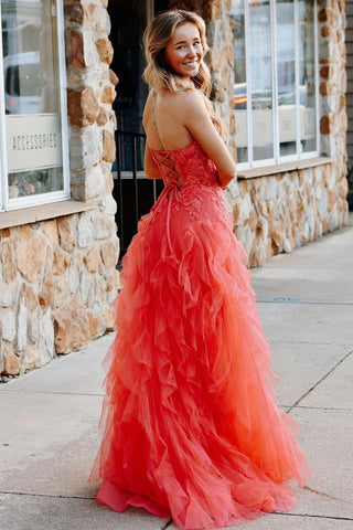 Cute Strapless Coral Ruffle Tulle  A-Line Long Prom Dress with Appliques