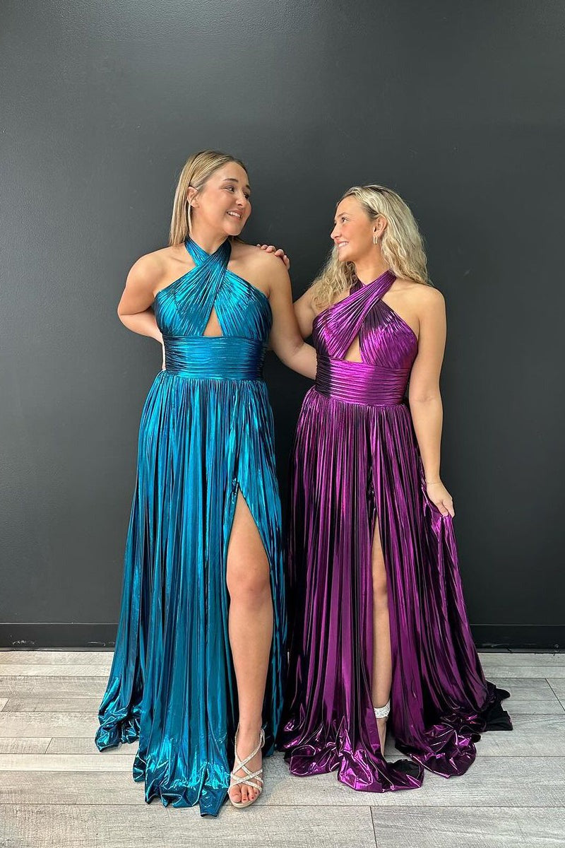 A-Line Purple Halter Pleated Satin Prom Dress with Slit