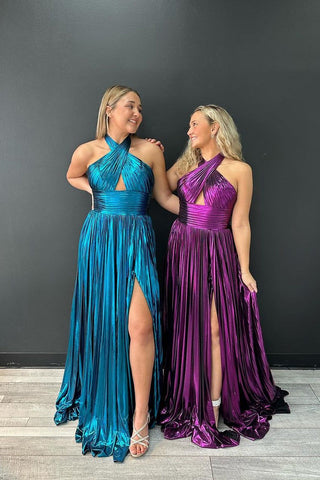 A-Line Purple Halter Pleated Satin Prom Dress with Slit