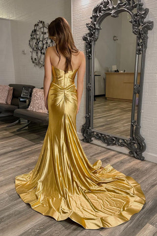 Sweetheart Mermaid Gold Satin Long Prom Dresses