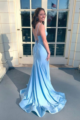Cute V Neck Blue Stretch Satin Long Mermaid Prom Dress