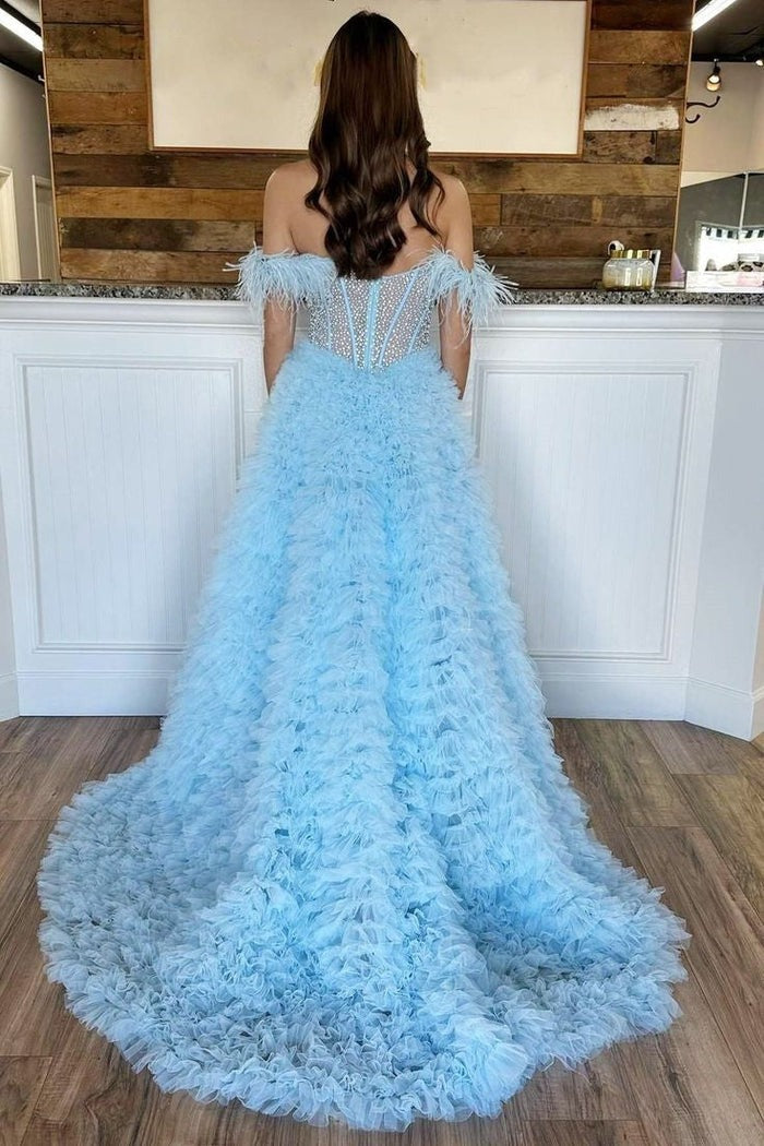 A Line Tiered Tulle Off the Shoulder Prom Dress With Slit