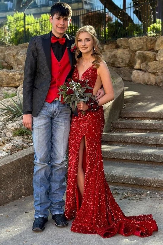 Red Mermaid Sequin Sheer Mesh  Long Formal Dress with Slit