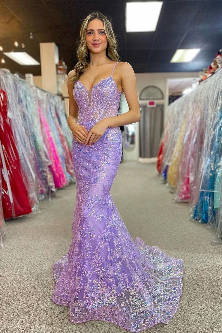 Charming Lilac V Neck Sequins Long Mermaid Prom Dress