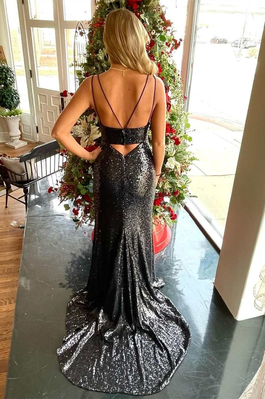 Black Mermaid Sequin Keyhole Long Prom Dress with Slit