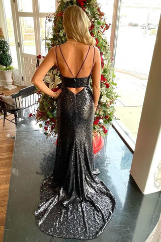 Black Mermaid Sequin Keyhole Long Prom Dress with Slit