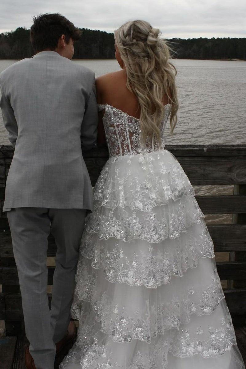 White Long Off the Shoulder Ruffle Tiered Tulle Prom Dresses with Slit