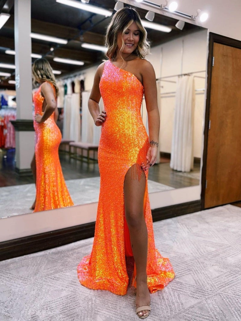 One-Shoulder Sequins Mermaid  Prom Dress With Tassels