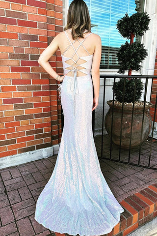 V-Neck Silver Sequin  Lace-Up Long Prom Dress with Feathers