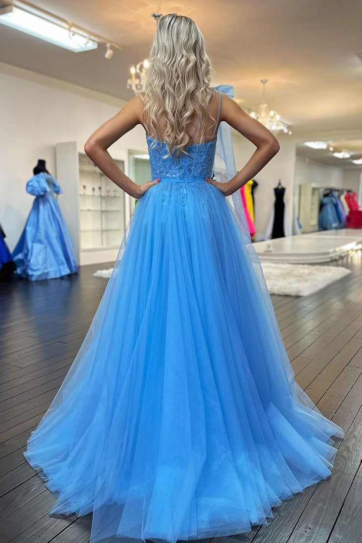 Cute One Shoulder Blue Tulle A Line Prom Dress with Appliques