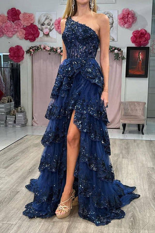 Sparkly One Shoulder A Line Navy Lace Corset Prom Dress with Ruffles