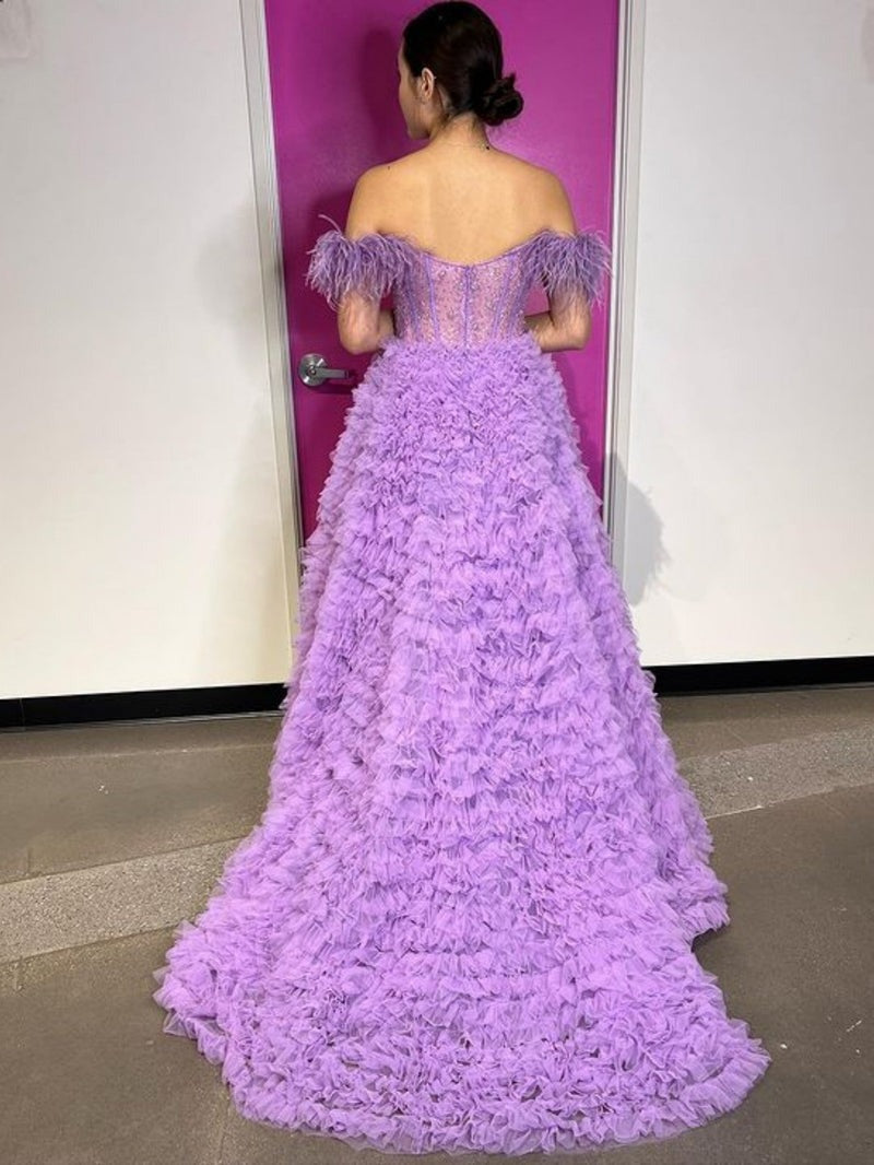 A Line Long Tiered Tulle Sweetheart   Prom Dress With Slit