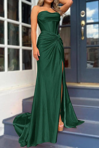 Long  Strapless Satin Prom Dress With Slit
