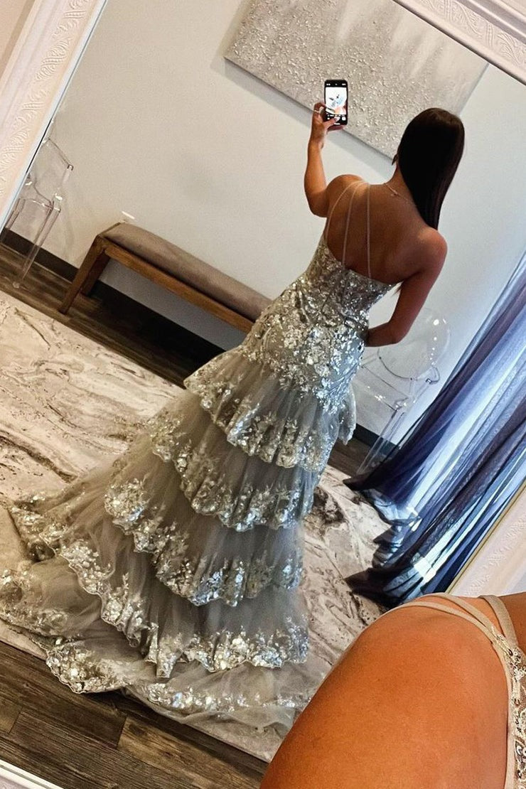 One Shoulder Grey Sequins Lace Long Mermaid Prom Dress with Slit