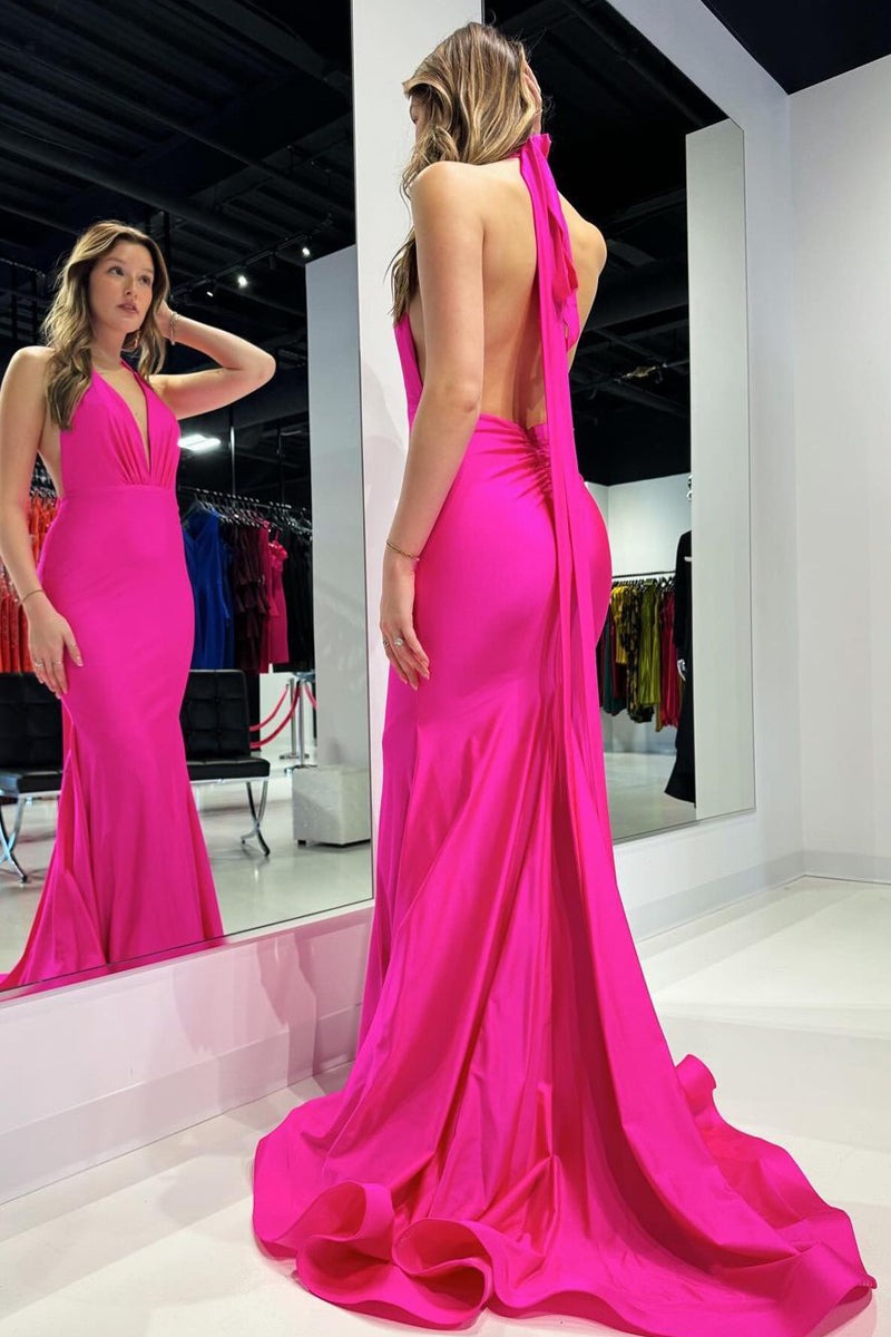 Fuchsia Mermaid Halter Stin Long Prom Dresses